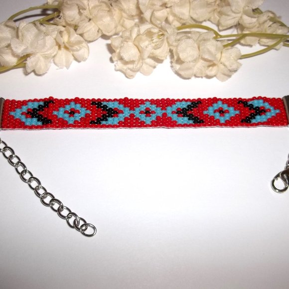 Beaded Bracelet Southwestern Western Style Red Turquoise Blue Black Silver A775 - Picture 5 of 9